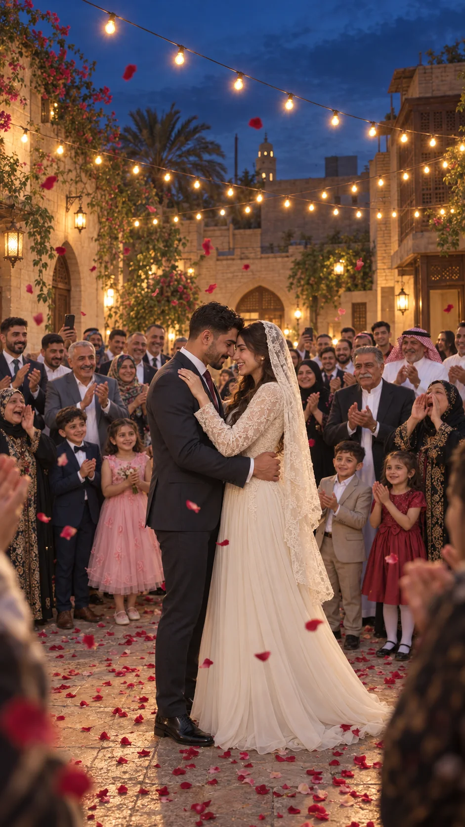 A bride and groom dancing under string lights in a courtyard, family clapping around them