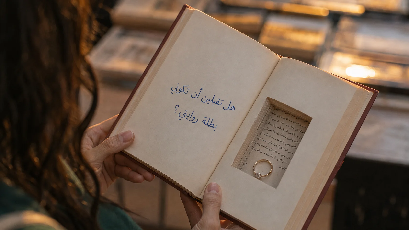 A hollowed-out book holding a ring, inscribed in Arabic: will you be the heroine of my novel