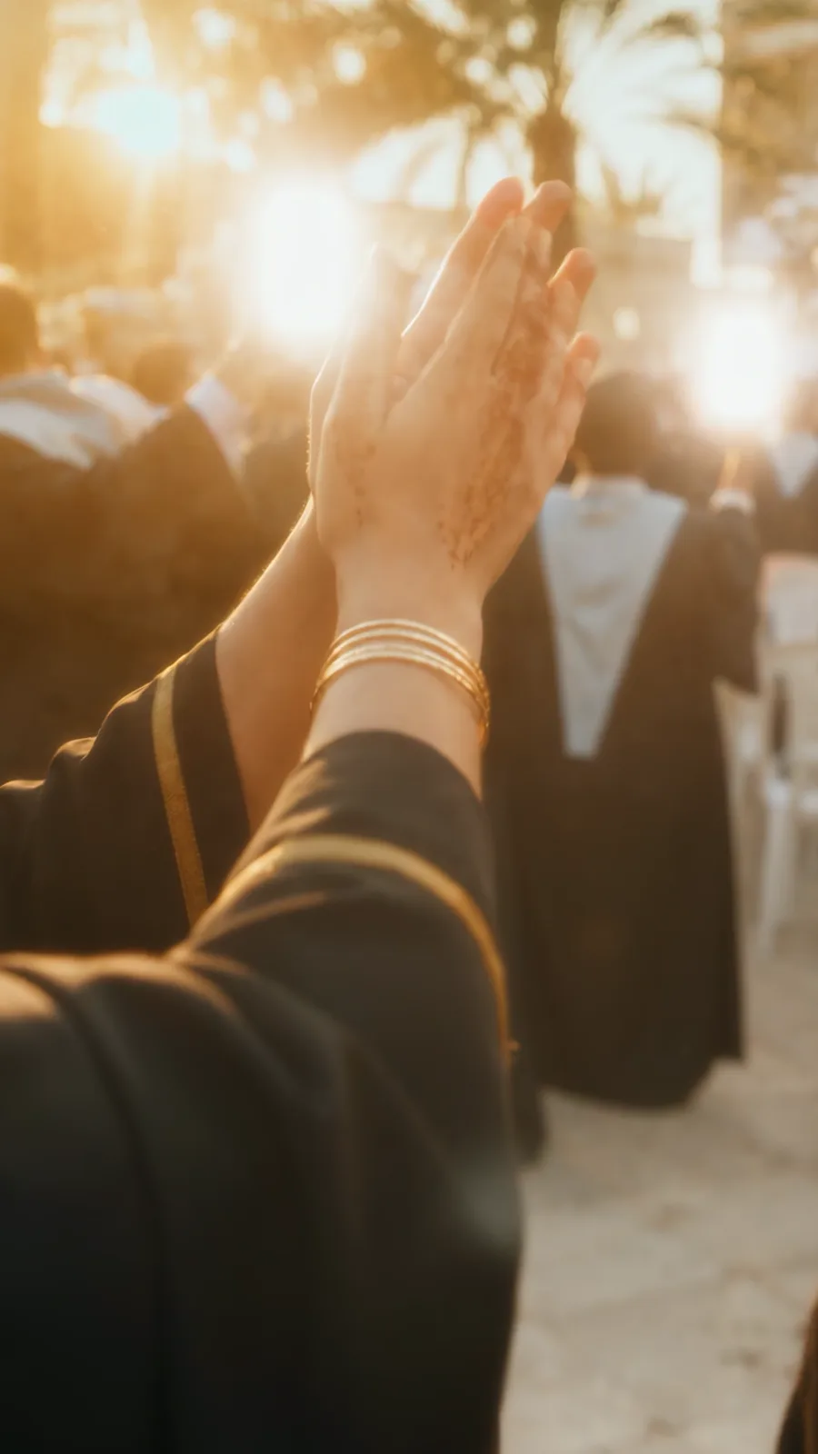 A graduate raising his cap at golden hour