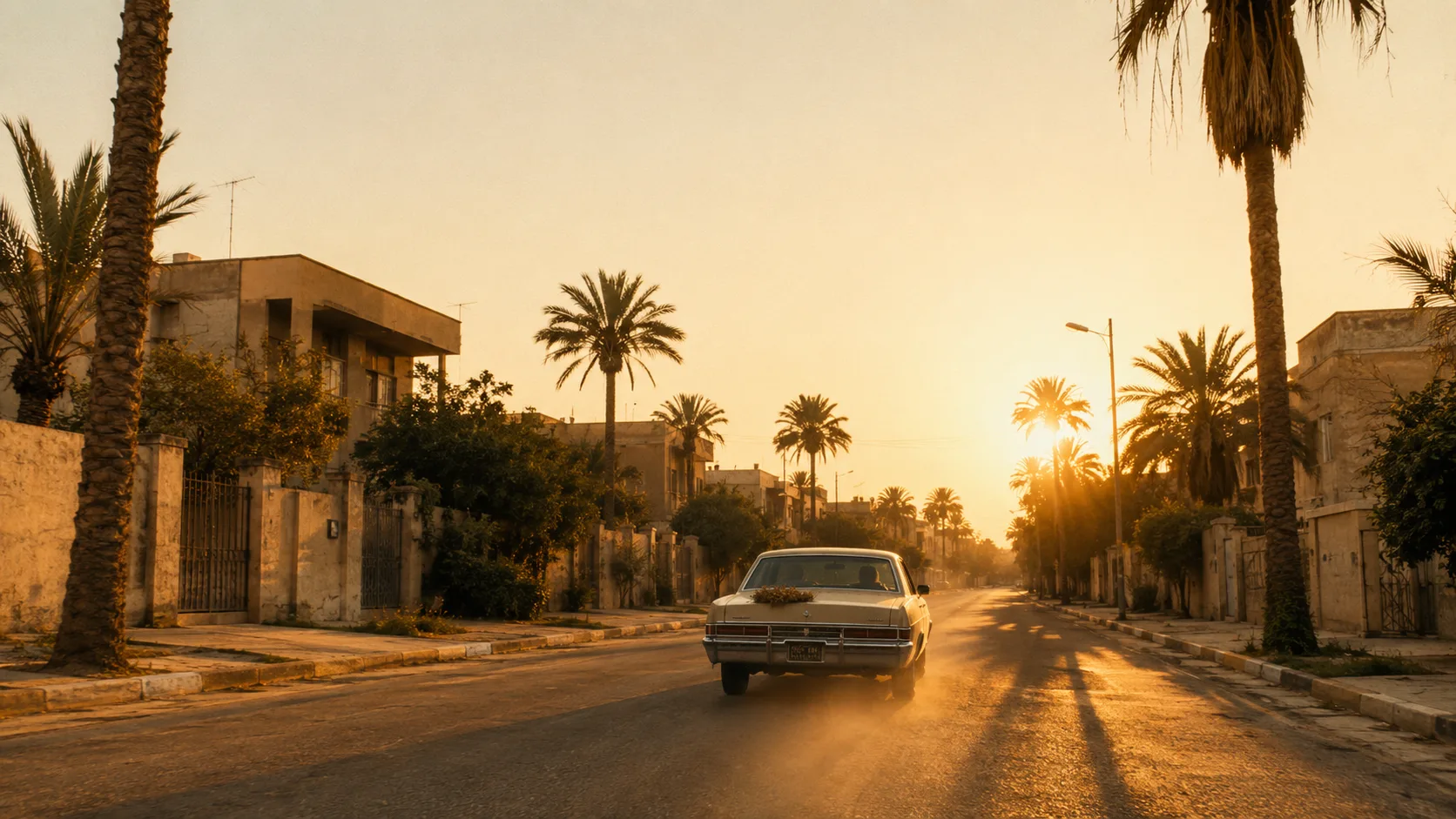 A flower-decked wedding car driving down a palm-lined Baghdad street at golden hour