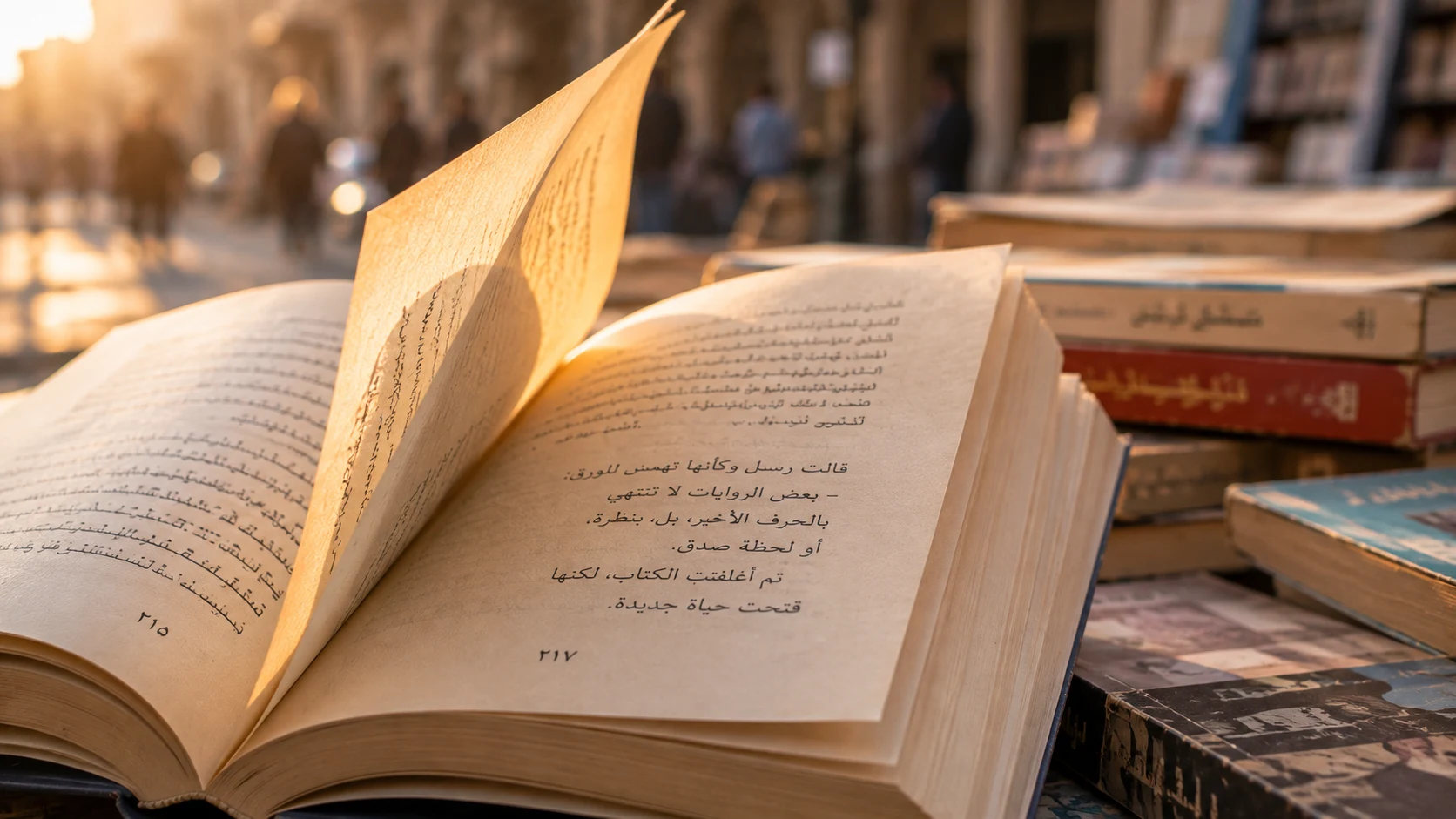 An open Arabic book on a Baghdad bookseller's table at golden hour, stacks of secondhand books around it