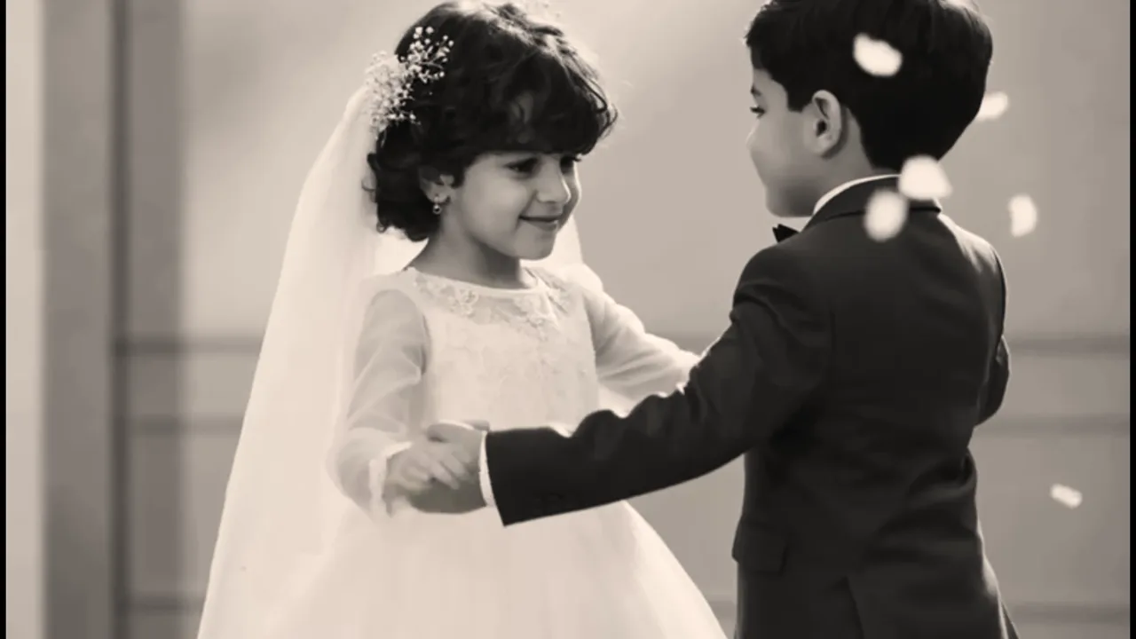 Two children dressed as a bride and groom sharing a first dance